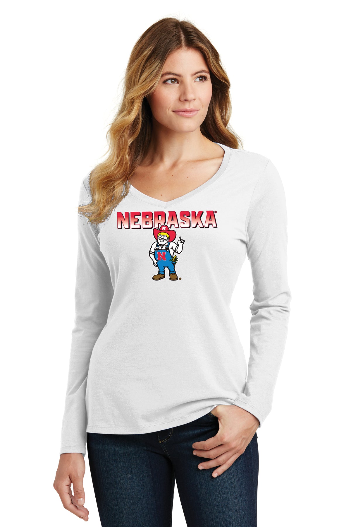Women's Nebraska Huskers Long Sleeve V-Neck Tee Shirt - Full Color Nebraska Fade with Herbie Husker