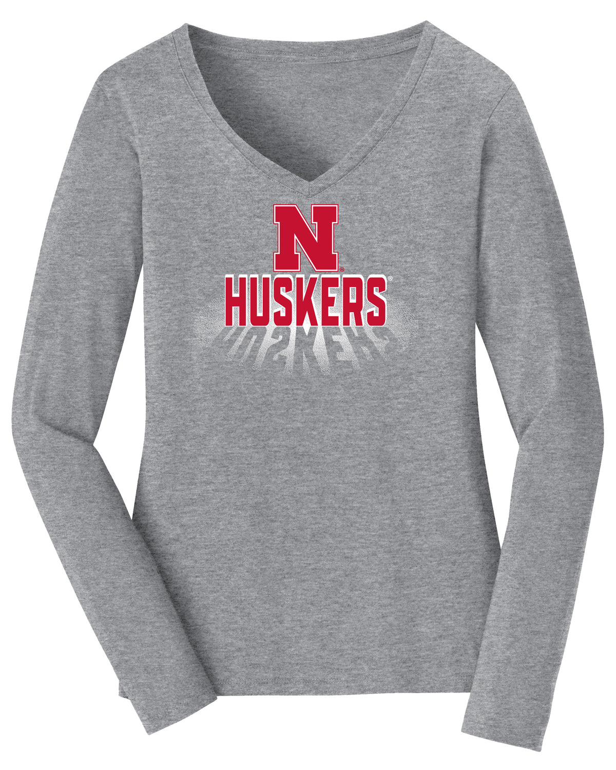 Women's Nebraska Huskers Long Sleeve V-Neck Tee Shirt - 3D Huskers Spotlight Shadow