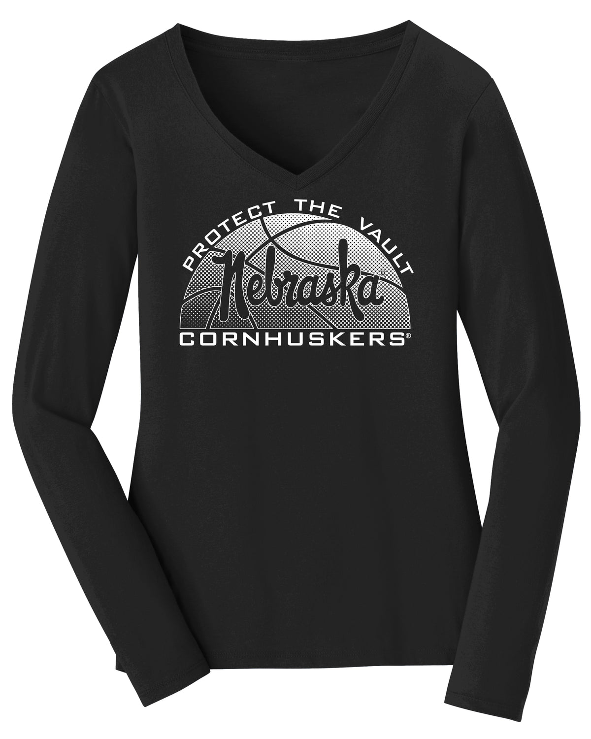 Women's Nebraska Huskers Long Sleeve V-Neck Tee Shirt - Script Nebraska Basketball