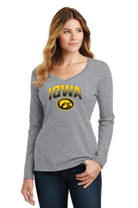 Women's Iowa Hawkeyes Long Sleeve V-Neck Tee Shirt - Full Color IOWA Fade Tigerhawk Oval