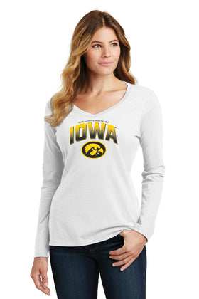 Women's Iowa Hawkeyes Long Sleeve V-Neck Tee Shirt - Full Color IOWA Fade Tigerhawk Oval