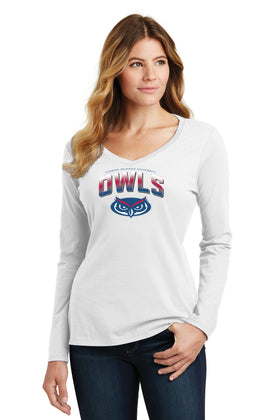 Women's Florida Atlantic Owls Long Sleeve V-Neck Tee Shirt - FAU Full Color OWLS Fade