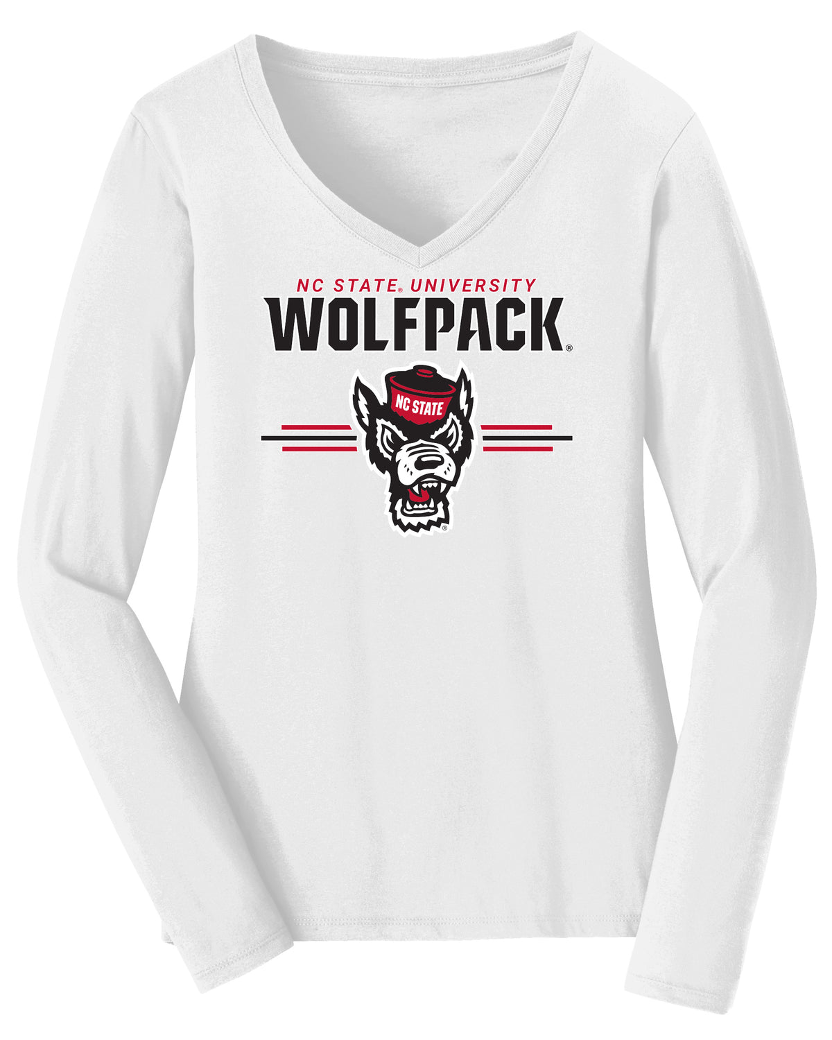 Women's North Carolina State Wolfpack Long Sleeve V-Neck Tee Shirt - 3-Stripe Primary Logo