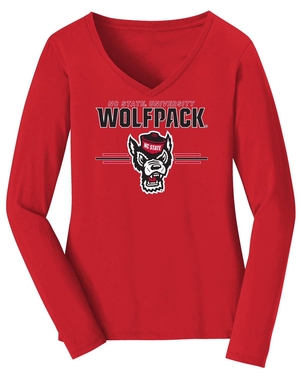 Women's North Carolina State Wolfpack Long Sleeve V-Neck Tee Shirt - 3-Stripe Primary Logo