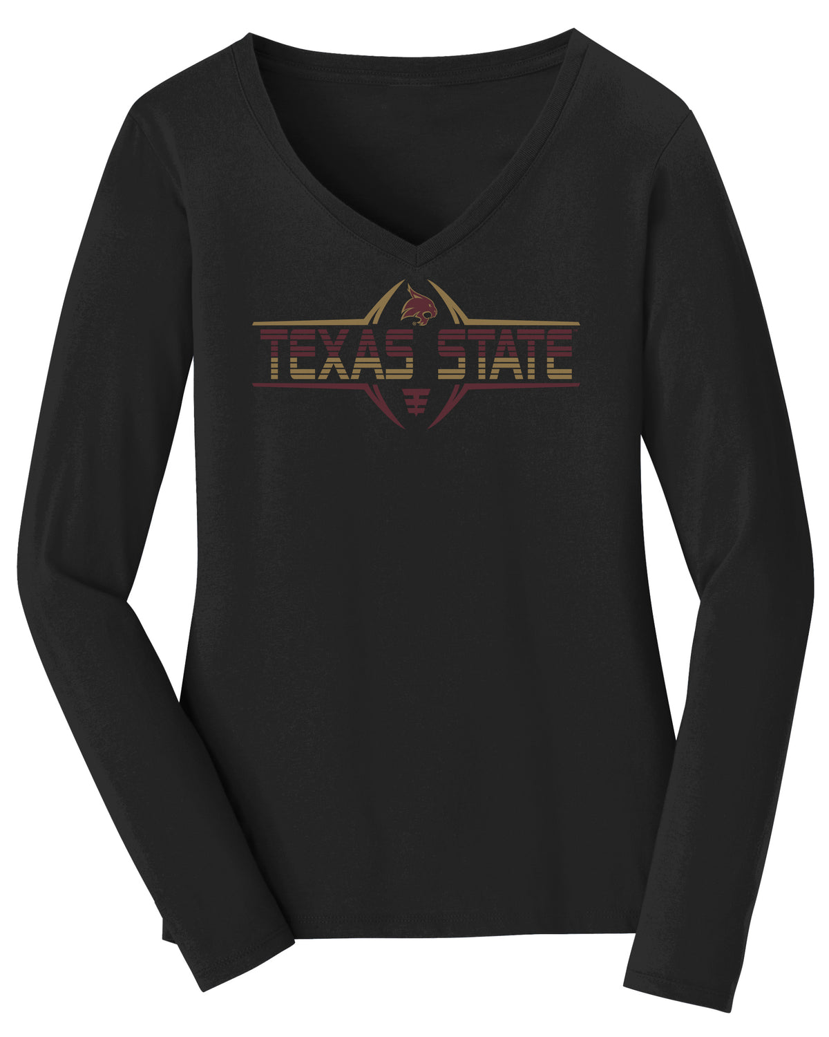 Women's Texas State Bobcats Long Sleeve V-Neck Tee Shirt - Striped Texas State Football Laces