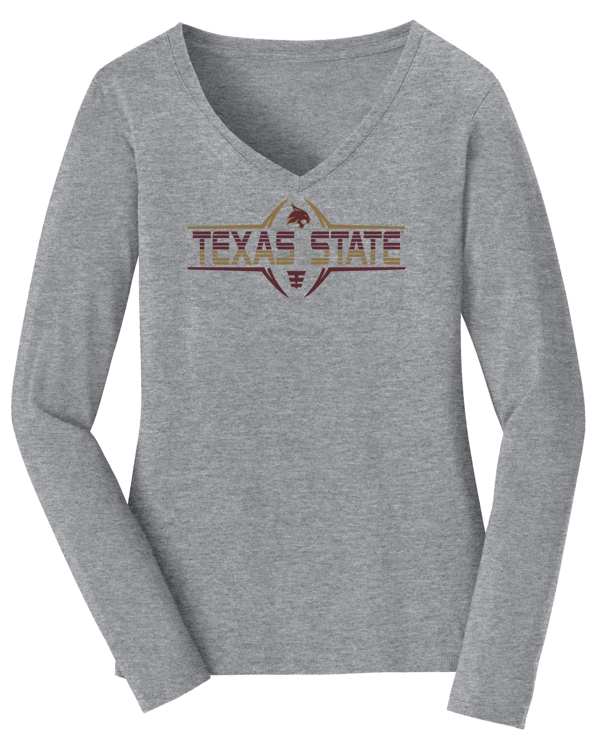 Women's Texas State Bobcats Long Sleeve V-Neck Tee Shirt - Striped Texas State Football Laces