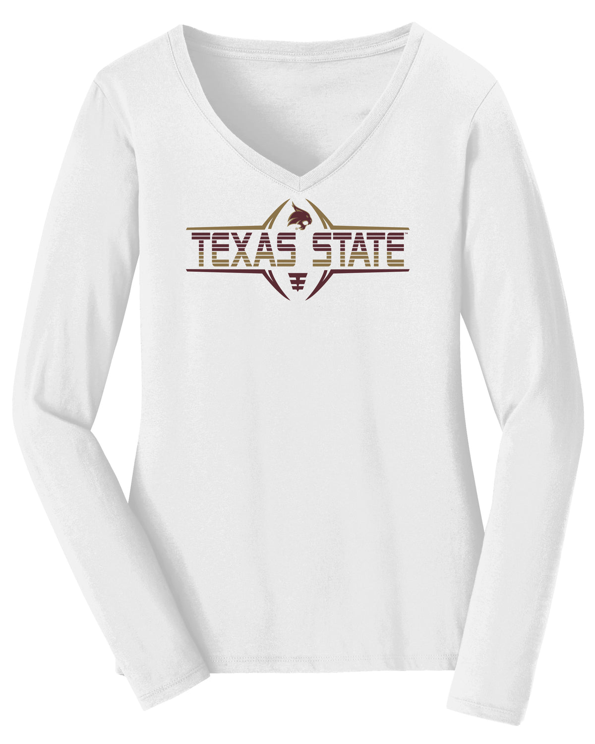 Women's Texas State Bobcats Long Sleeve V-Neck Tee Shirt - Striped Texas State Football Laces