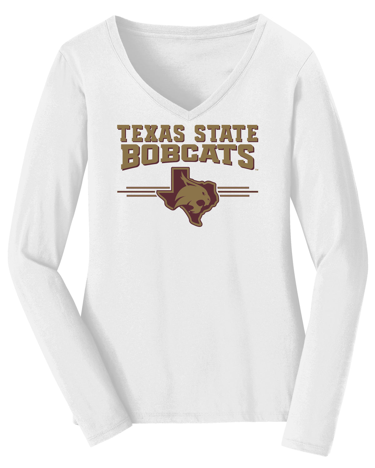 Women's Texas State Bobcats Long Sleeve V-Neck Tee Shirt - 3 Stripe State Outline Logo