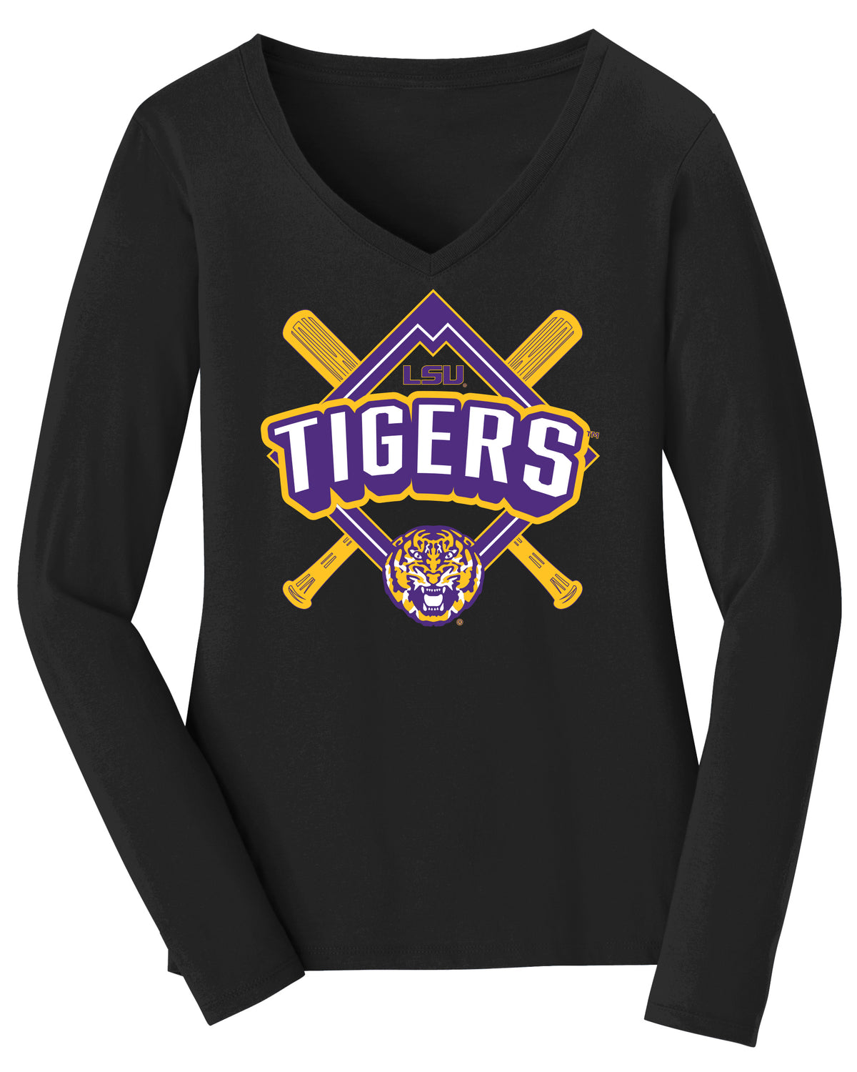 Women's LSU Tigers Long Sleeve V-Neck Tee Shirt - LSU Baseball Diamond