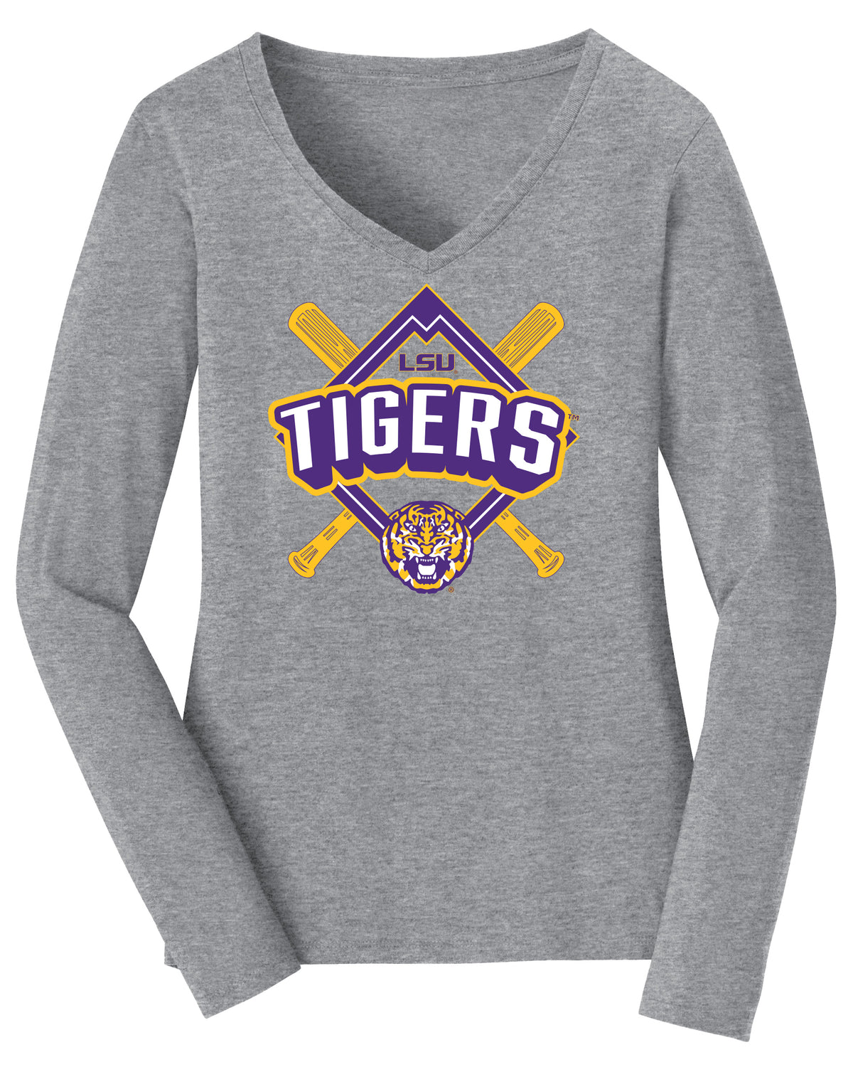 Women's LSU Tigers Long Sleeve V-Neck Tee Shirt - LSU Baseball Diamond