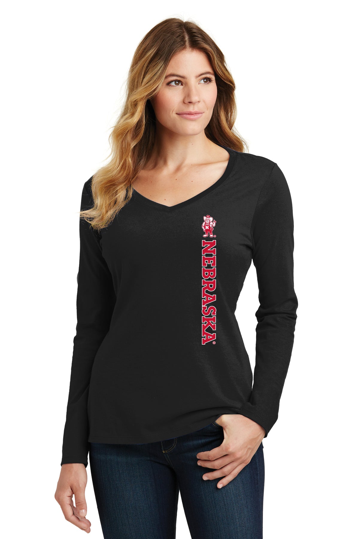 Women's Nebraska Huskers Long Sleeve V-Neck Tee Shirt - Vertical Nebraska Herbie Husker