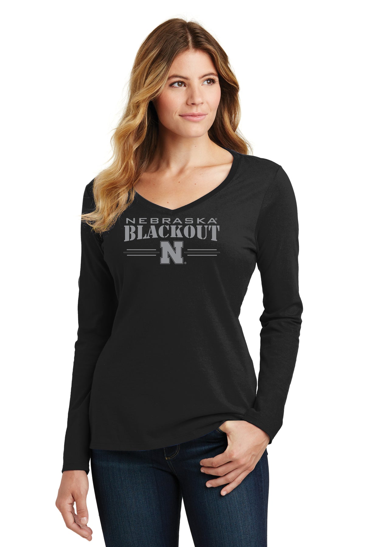 Women's Nebraska Huskers Long Sleeve V-Neck Tee Shirt - Nebraska Blackout Block N