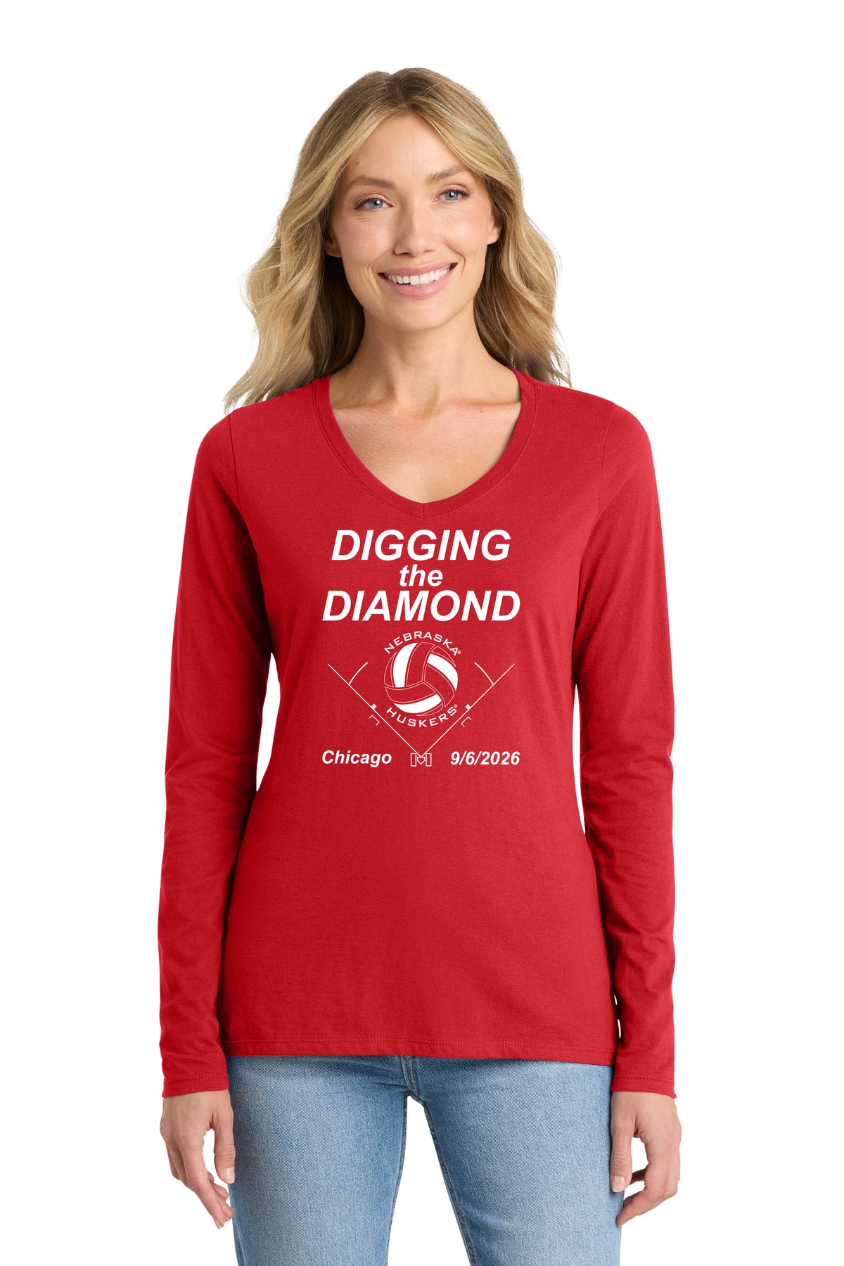 Women's Nebraska Huskers Long Sleeve V-Neck Tee Shirt - Nebraska Volleyball Digging the Diamond