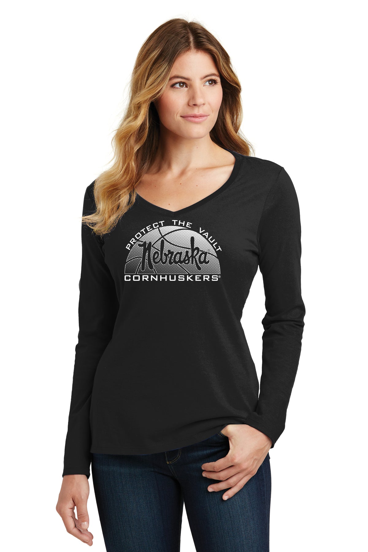 Women's Nebraska Huskers Long Sleeve V-Neck Tee Shirt - Script Nebraska Basketball
