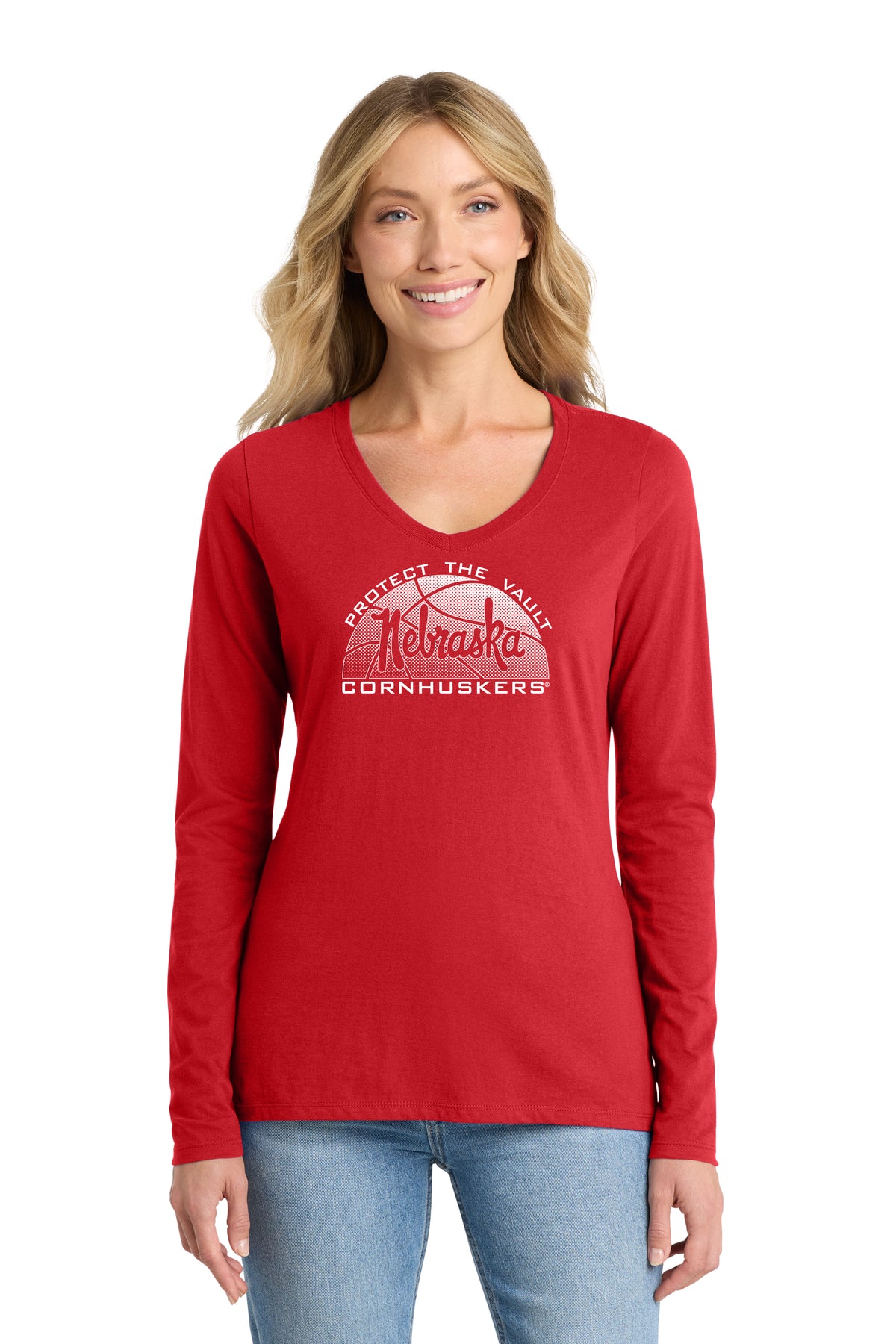 Women's Nebraska Huskers Long Sleeve V-Neck Tee Shirt - Script Nebraska Basketball