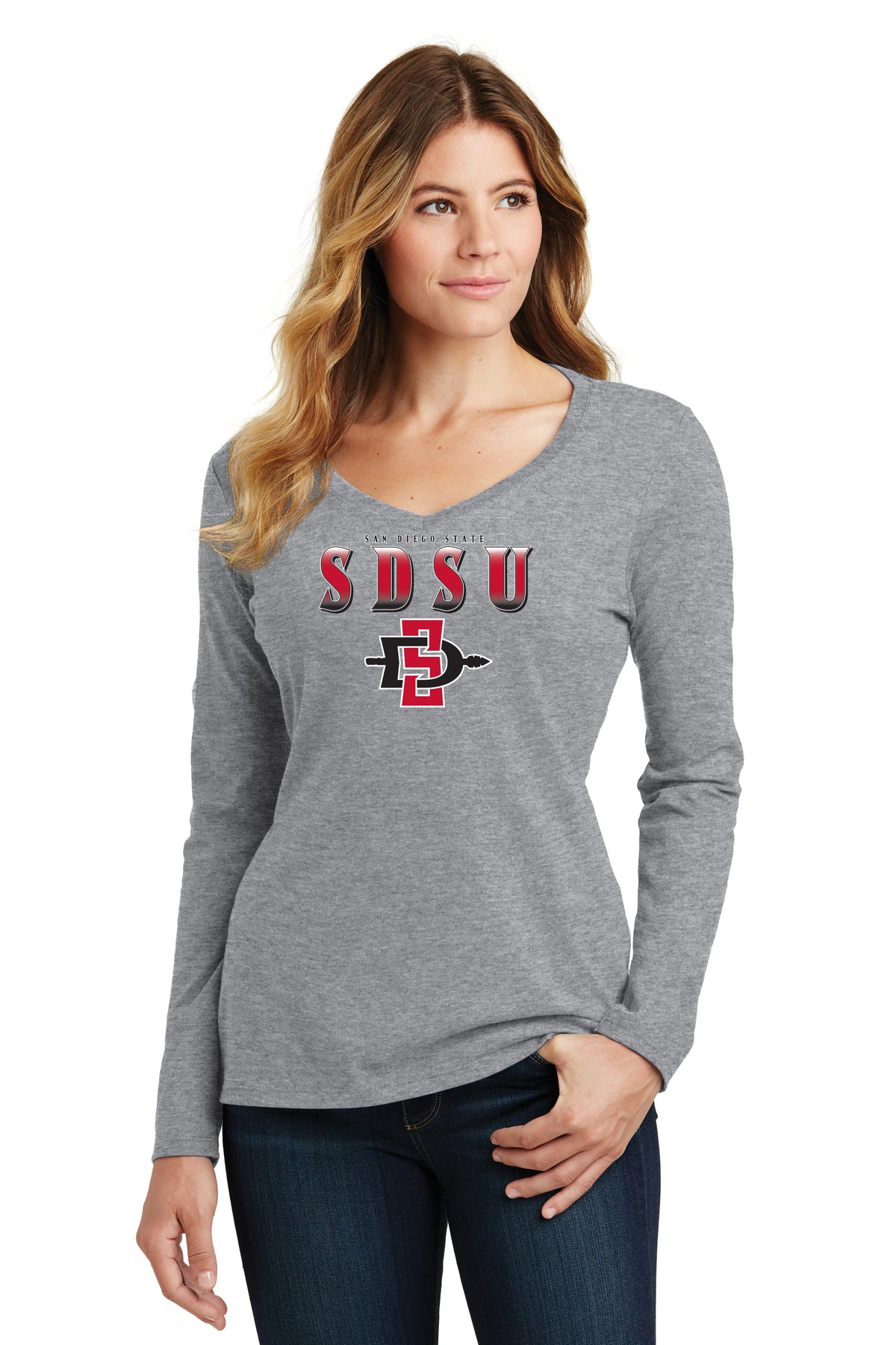 Women's San Diego State Aztecs Long Sleeve V-Neck Tee Shirt - SDSU Full Color Fade Aztecs Logo