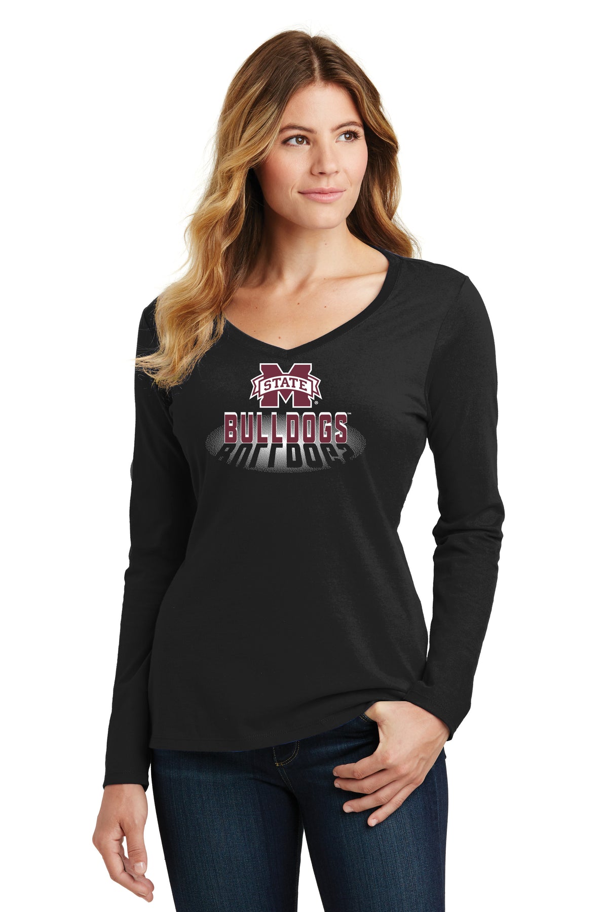Women's Mississippi State Bulldogs Long Sleeve V-Neck Tee Shirt - Bulldogs Spotlight and Shadow