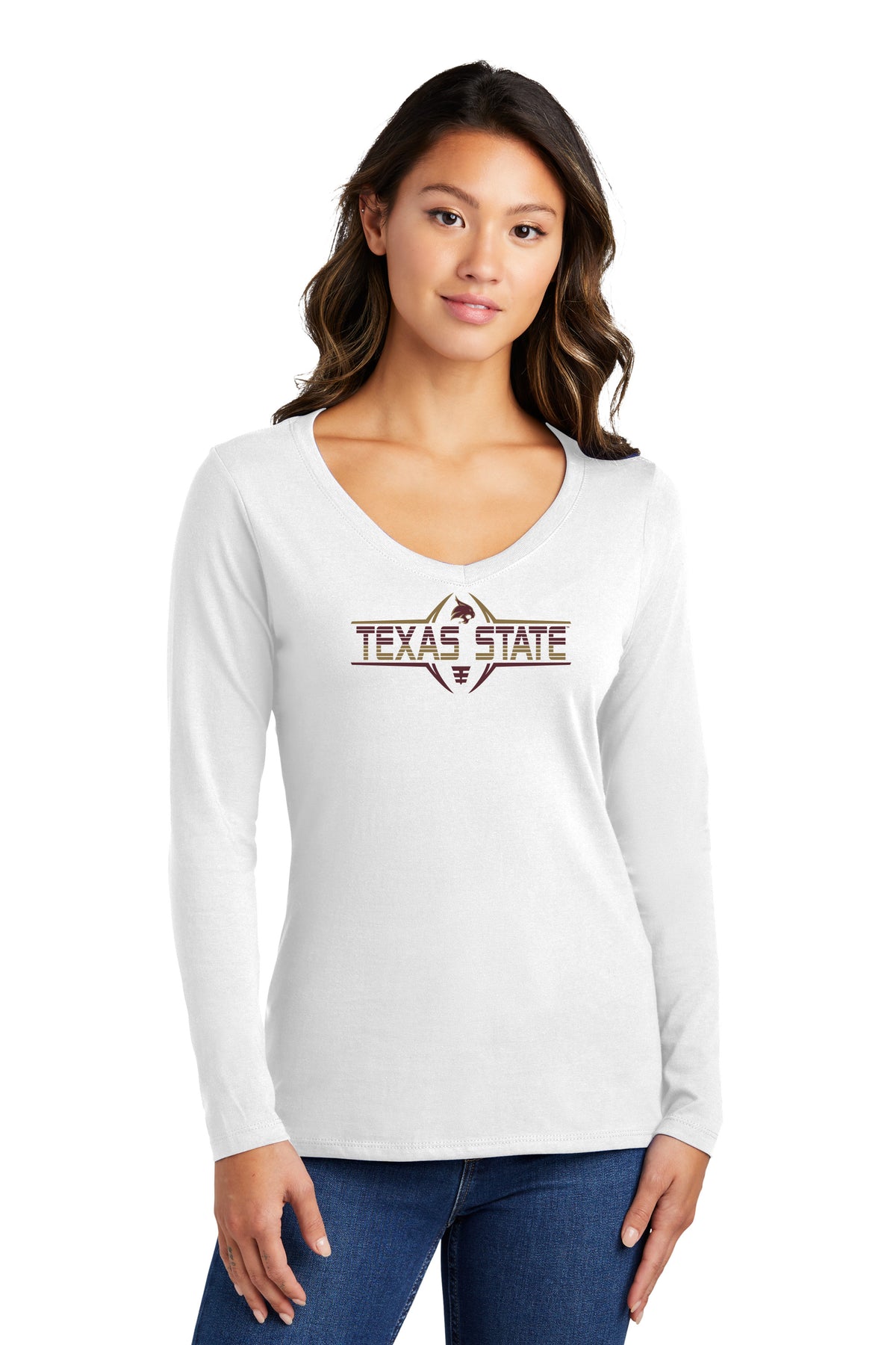 Women's Texas State Bobcats Long Sleeve V-Neck Tee Shirt - Striped Texas State Football Laces
