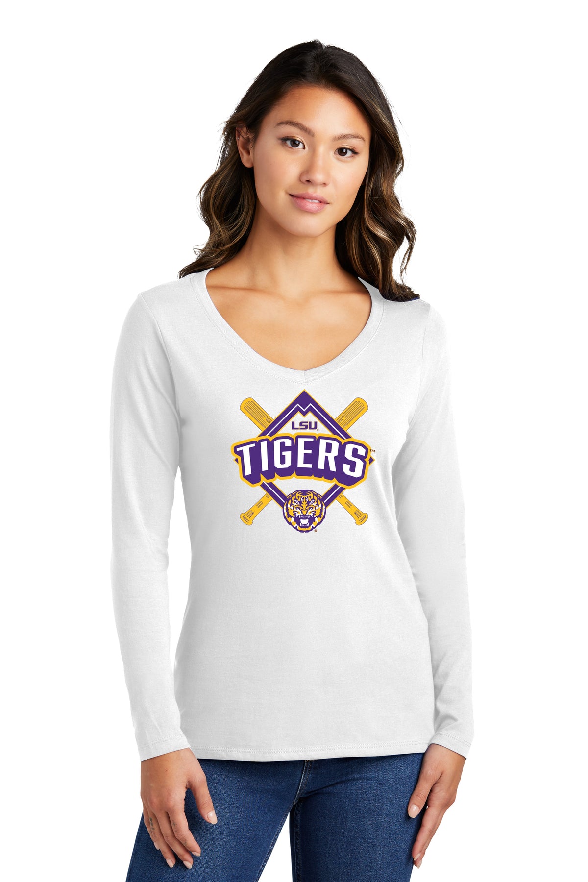 Women's LSU Tigers Long Sleeve V-Neck Tee Shirt - LSU Baseball Diamond