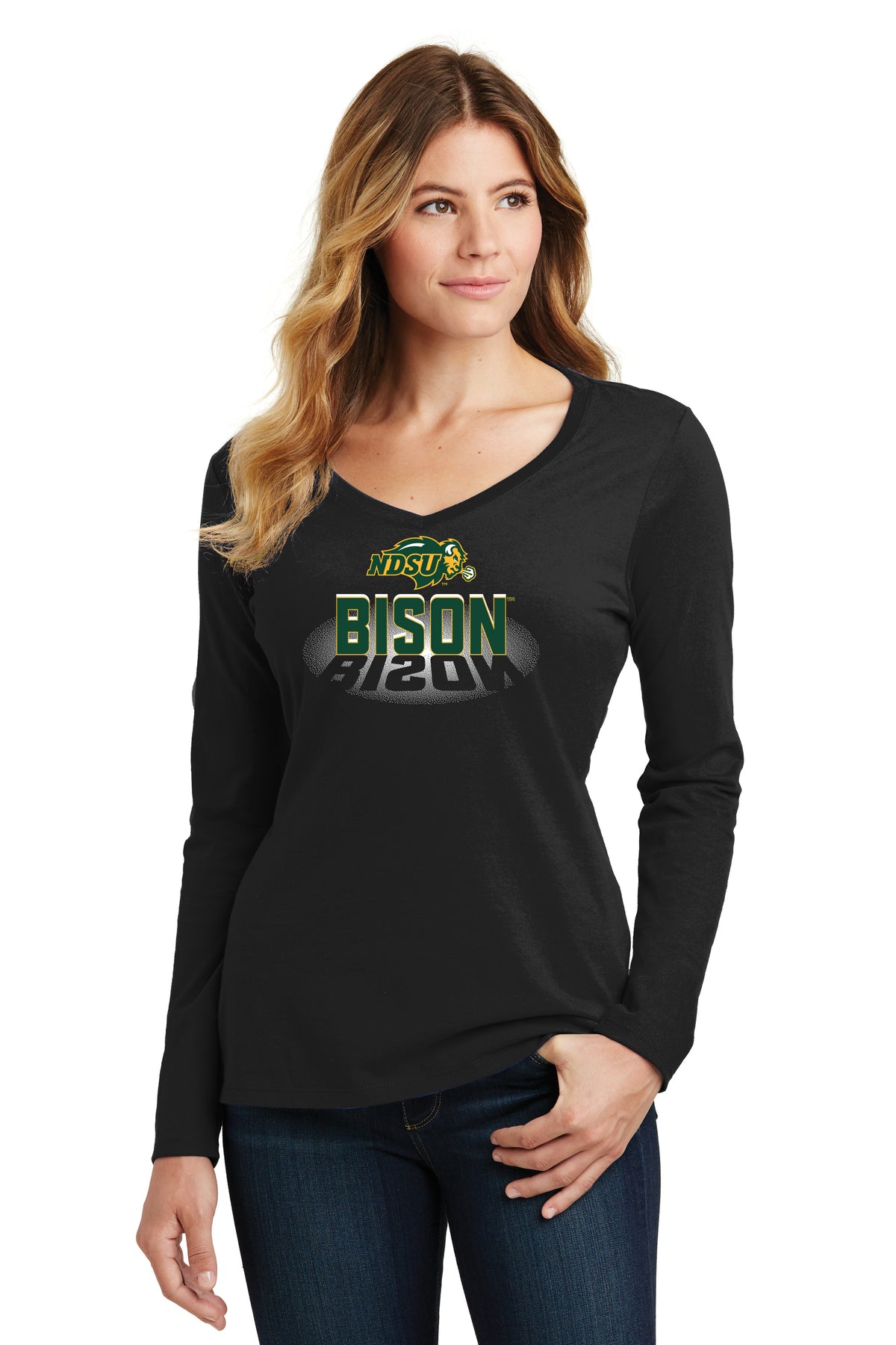 Women's NDSU Bison Long Sleeve V-Neck Tee Shirt - Spotlight Bison
