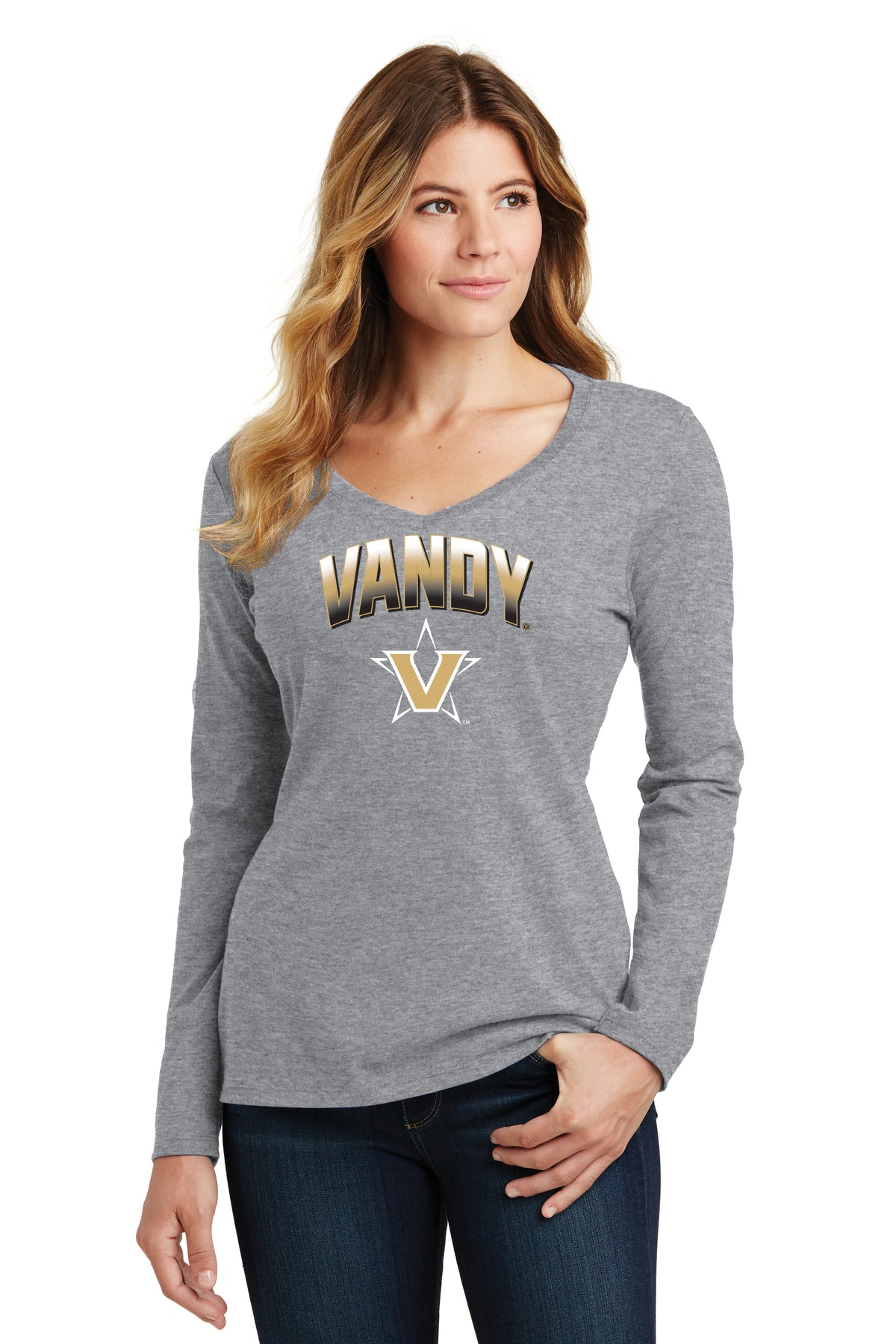 Women's Vanderbilt Commodores Long Sleeve V-Neck Shirt - Vandy Arch Full Color Fade with Primary