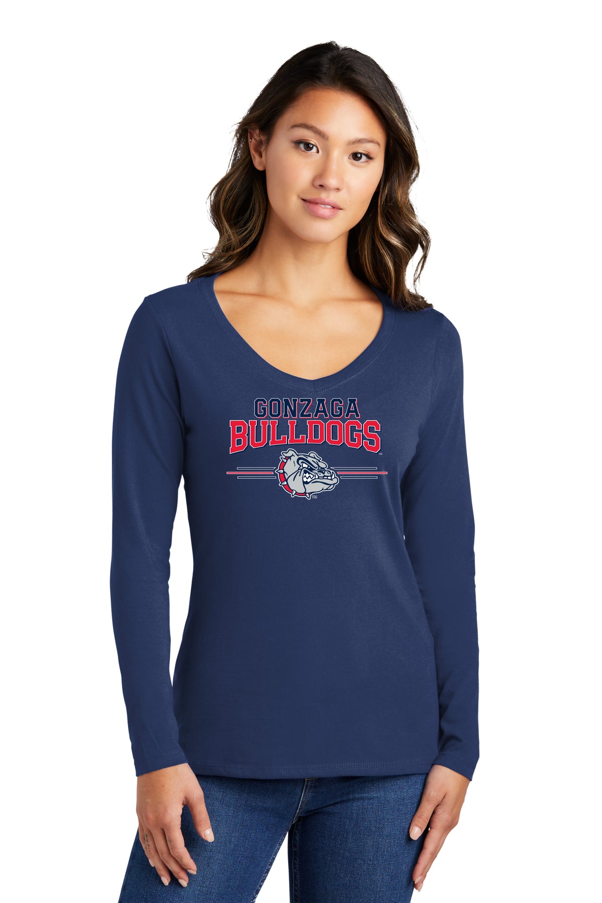 Women's Gonzaga Bulldogs Long Sleeve V-Neck Tee Shirt - Gonzaga Bulldogs 3 Stripe