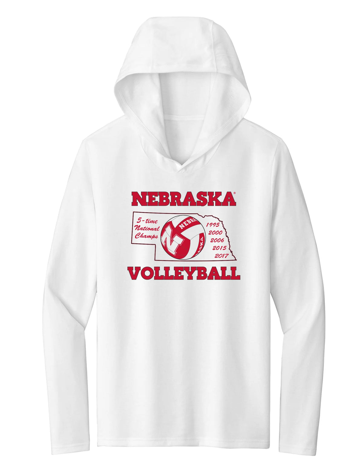 Women's Nebraska Huskers Long Sleeve Hooded Tee Shirt - Huskers Volleyball 5-Time National Champions