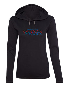 Women's Kansas Jayhawks Long Sleeve Hooded Tee Shirt - Overlapping University of Kansas Jayhawks