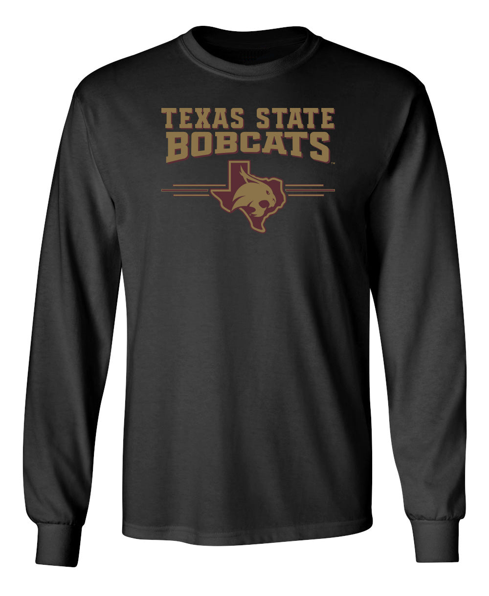 Texas State Bobcats Long Sleeve Tee Shirt - 3 Stripe State Outline Logo
