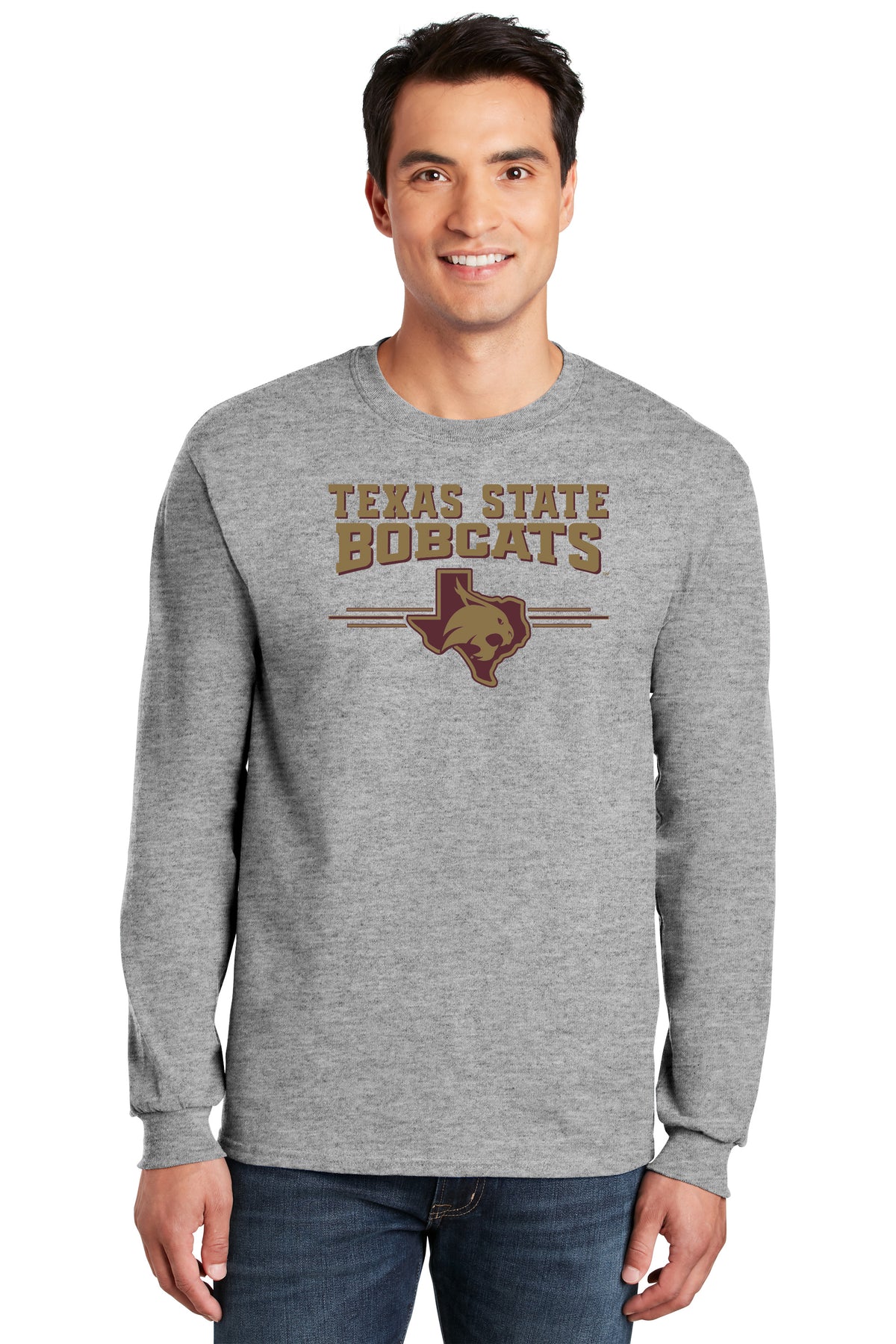 Texas State Bobcats Long Sleeve Tee Shirt - 3 Stripe State Outline Logo