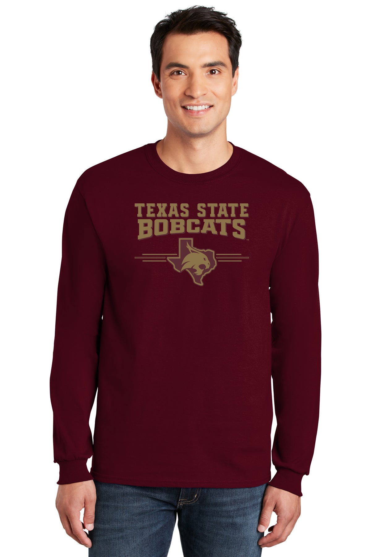 Texas State Bobcats Long Sleeve Tee Shirt - 3 Stripe State Outline Logo