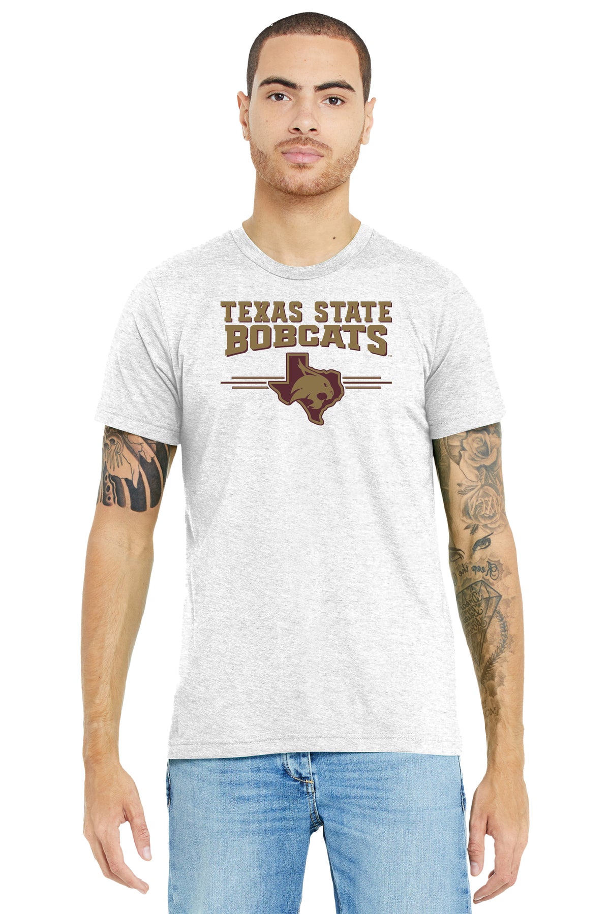 Texas State Bobcats Premium Tri-Blend Tee Shirt - 3 Stripe State Outline Logo