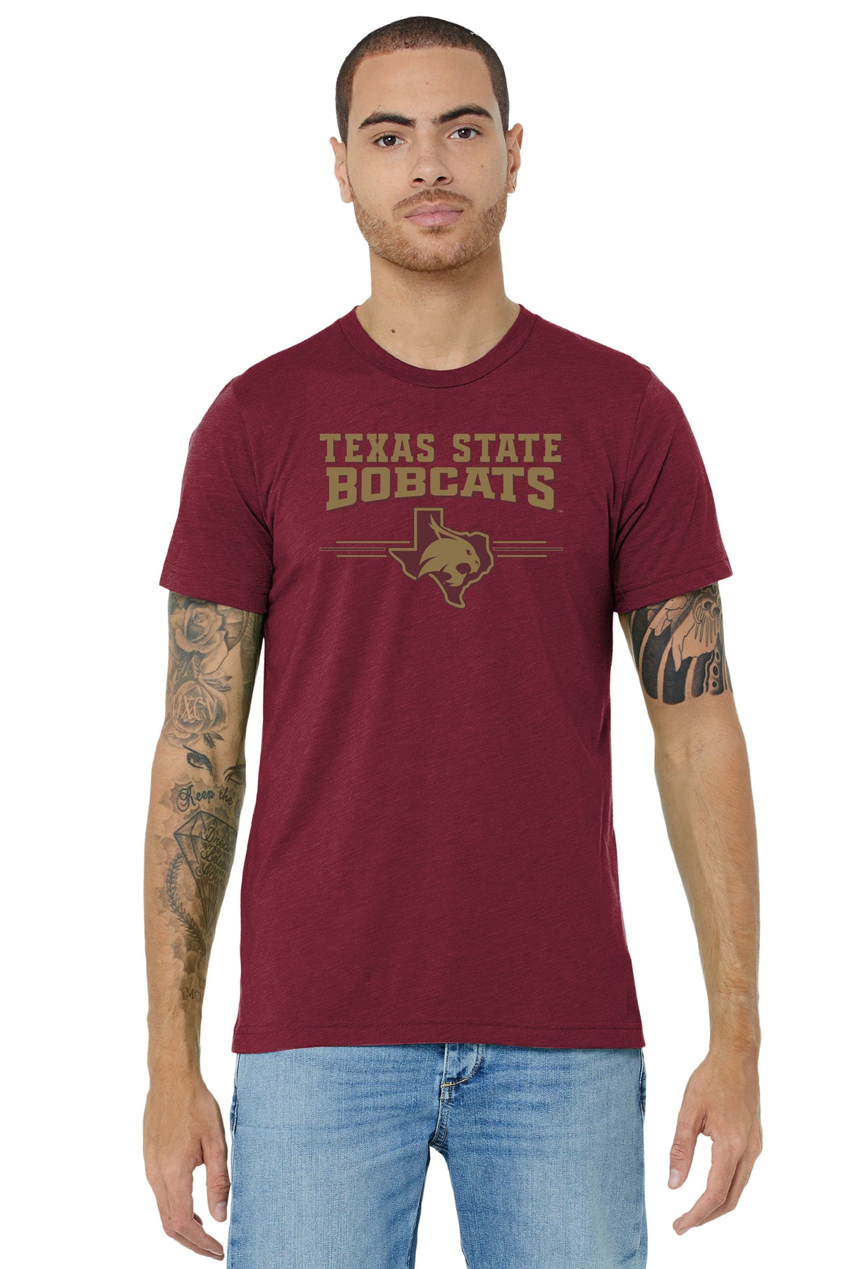 Texas State Bobcats Premium Tri-Blend Tee Shirt - 3 Stripe State Outline Logo