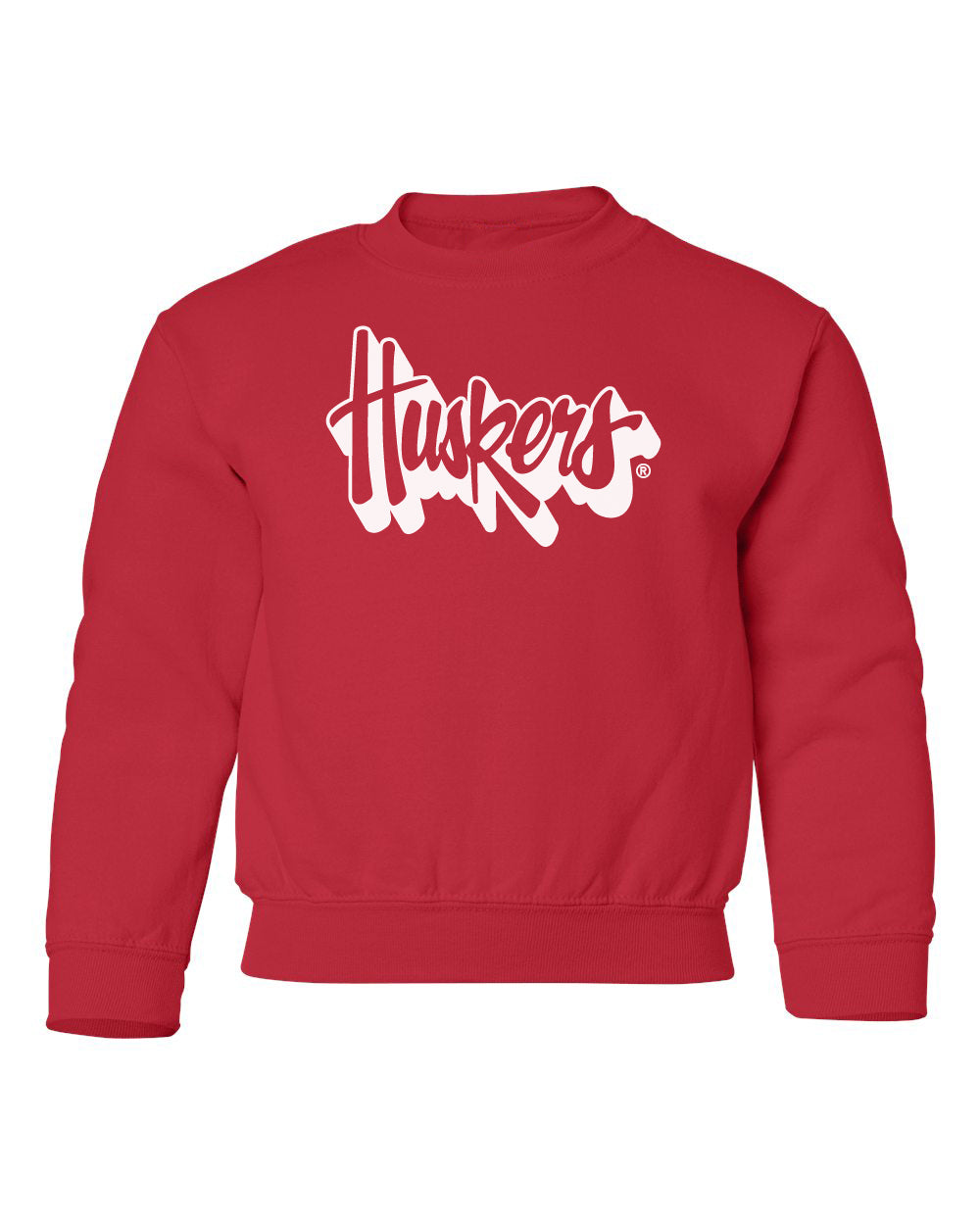 Nebraska Huskers Youth Crewneck Sweatshirt - White Script Huskers Outline