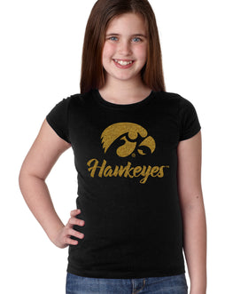 Iowa Hawkeyes Girls Tee Shirt - Tigerhawk and Script Hawkeyes in Gold Glitter