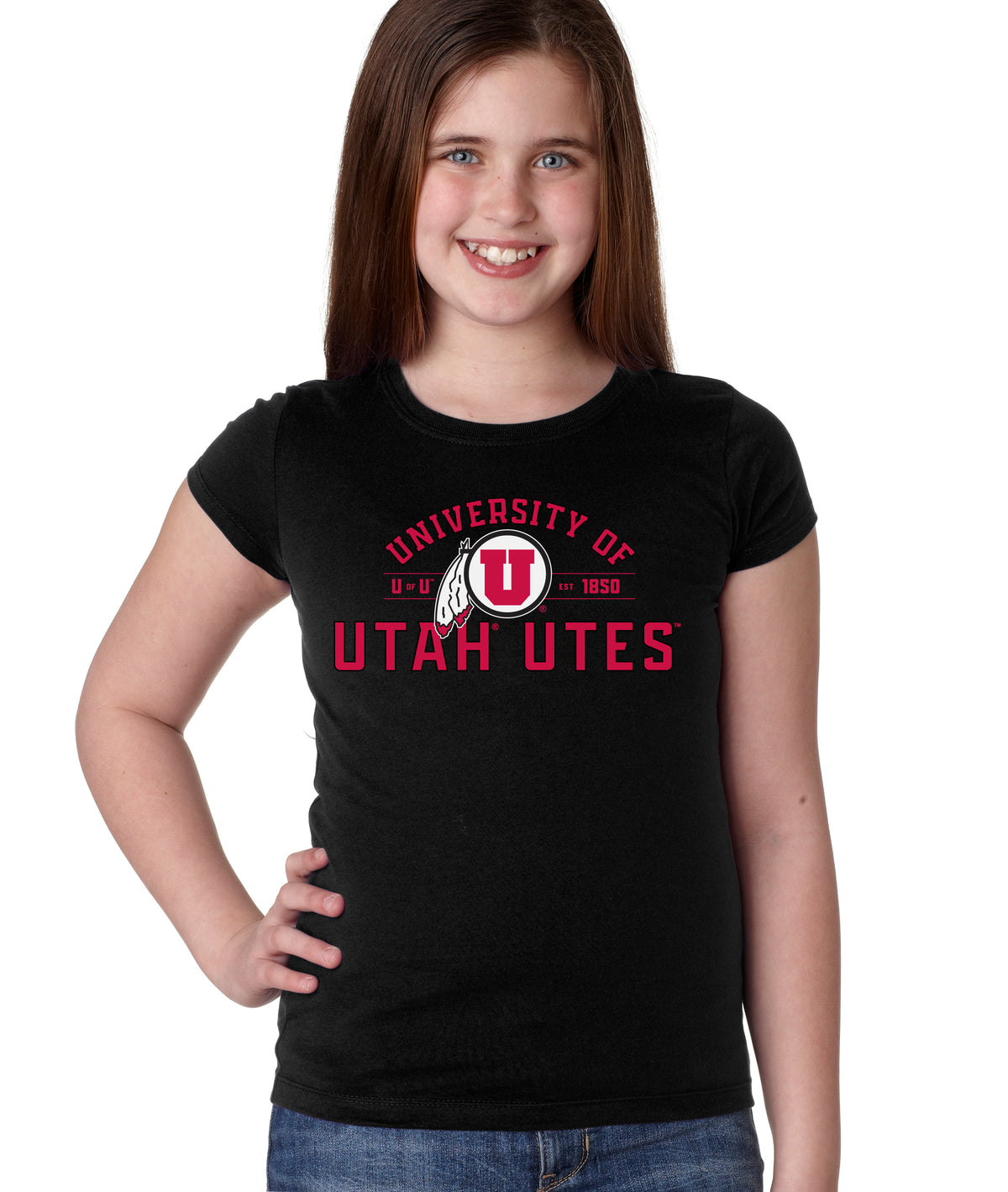 Utah Utes Girls Tee Shirt - U of U Arch with Circle Feather Logo