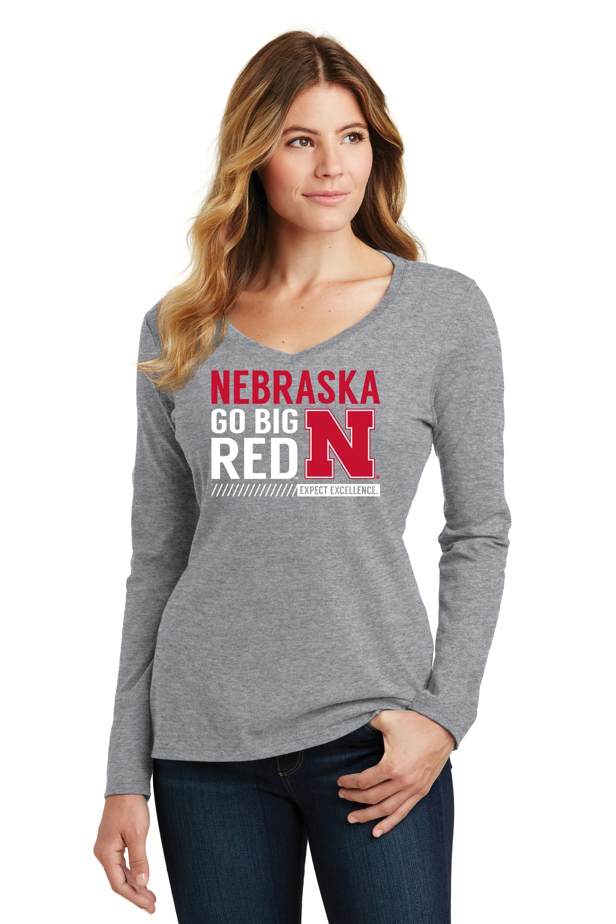 Women's Nebraska Huskers Long Sleeve V-Neck Tee Shirt - Expect Excellence