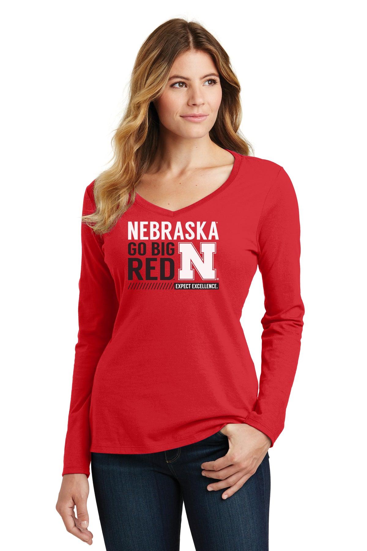 Women's Nebraska Huskers Long Sleeve V-Neck Tee Shirt - Expect Excellence