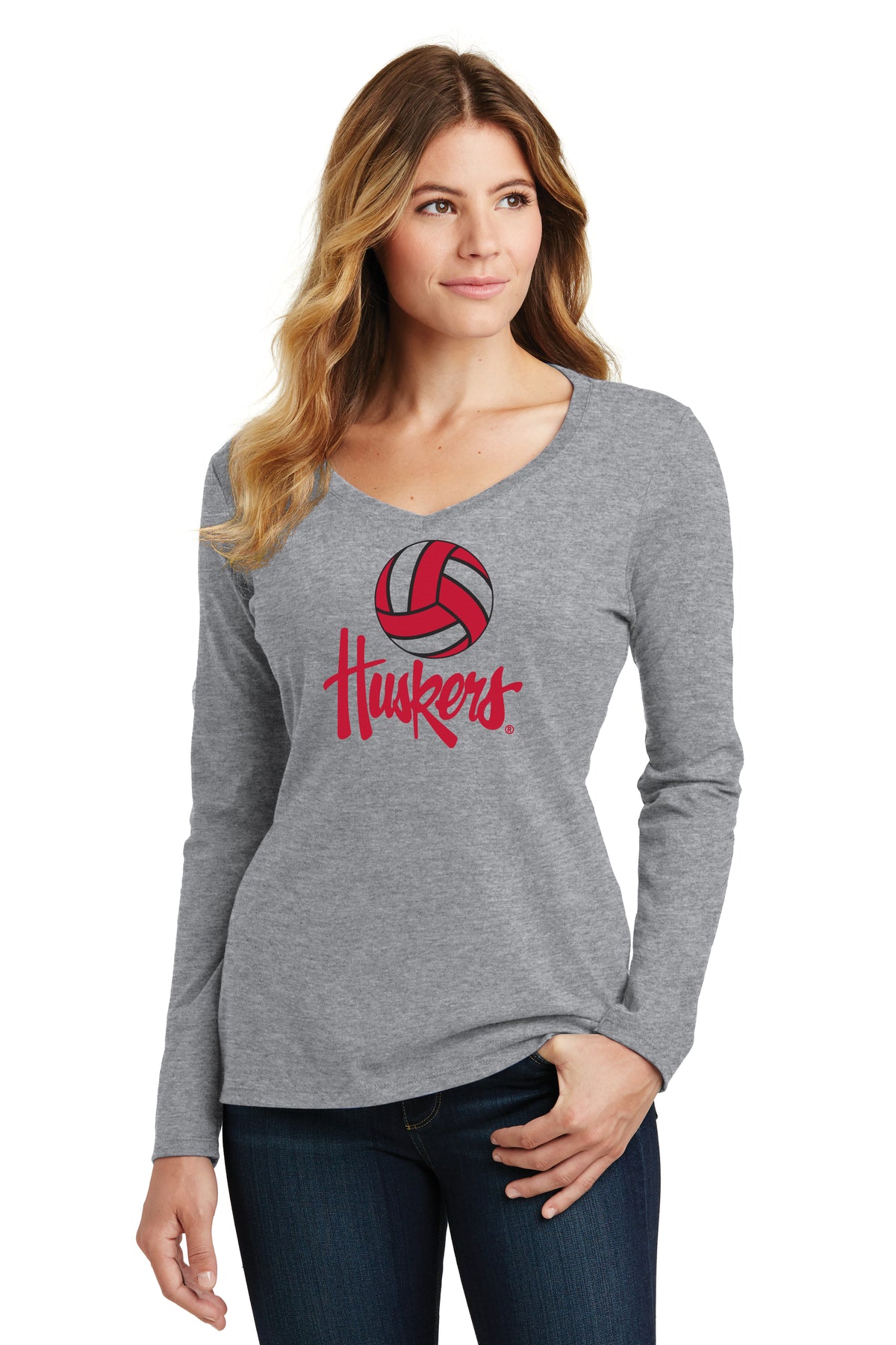 Women's Nebraska Huskers Long Sleeve V-Neck Tee Shirt - Nebraska Volleyball Legacy Script Huskers