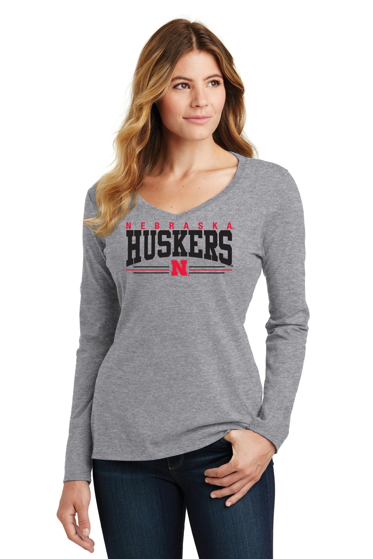 Women's Nebraska Huskers Long Sleeve V-Neck Tee Shirt - Nebraska Huskers Stripe N