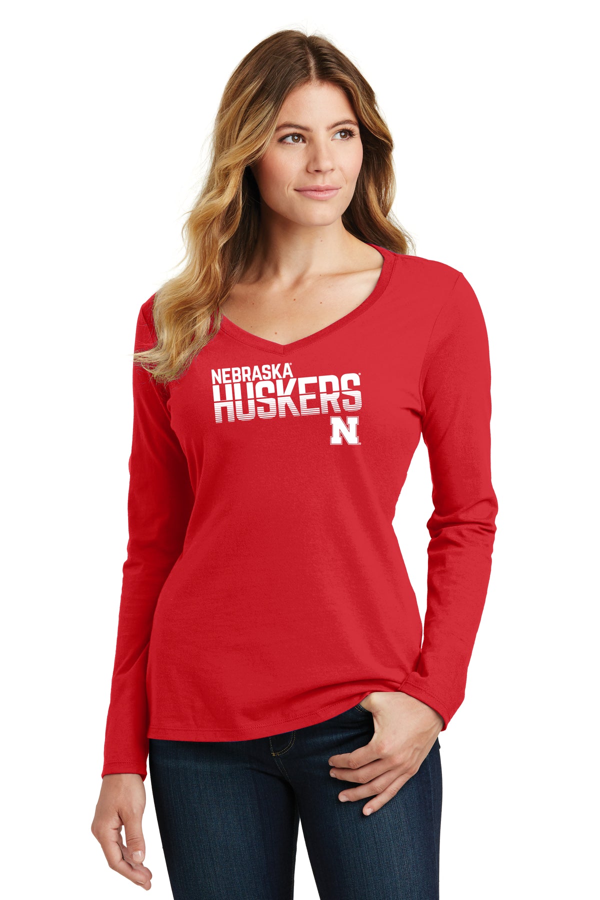 Women's Nebraska Huskers Long Sleeve V-Neck Tee Shirt - Nebraska Huskers Stripe Fade