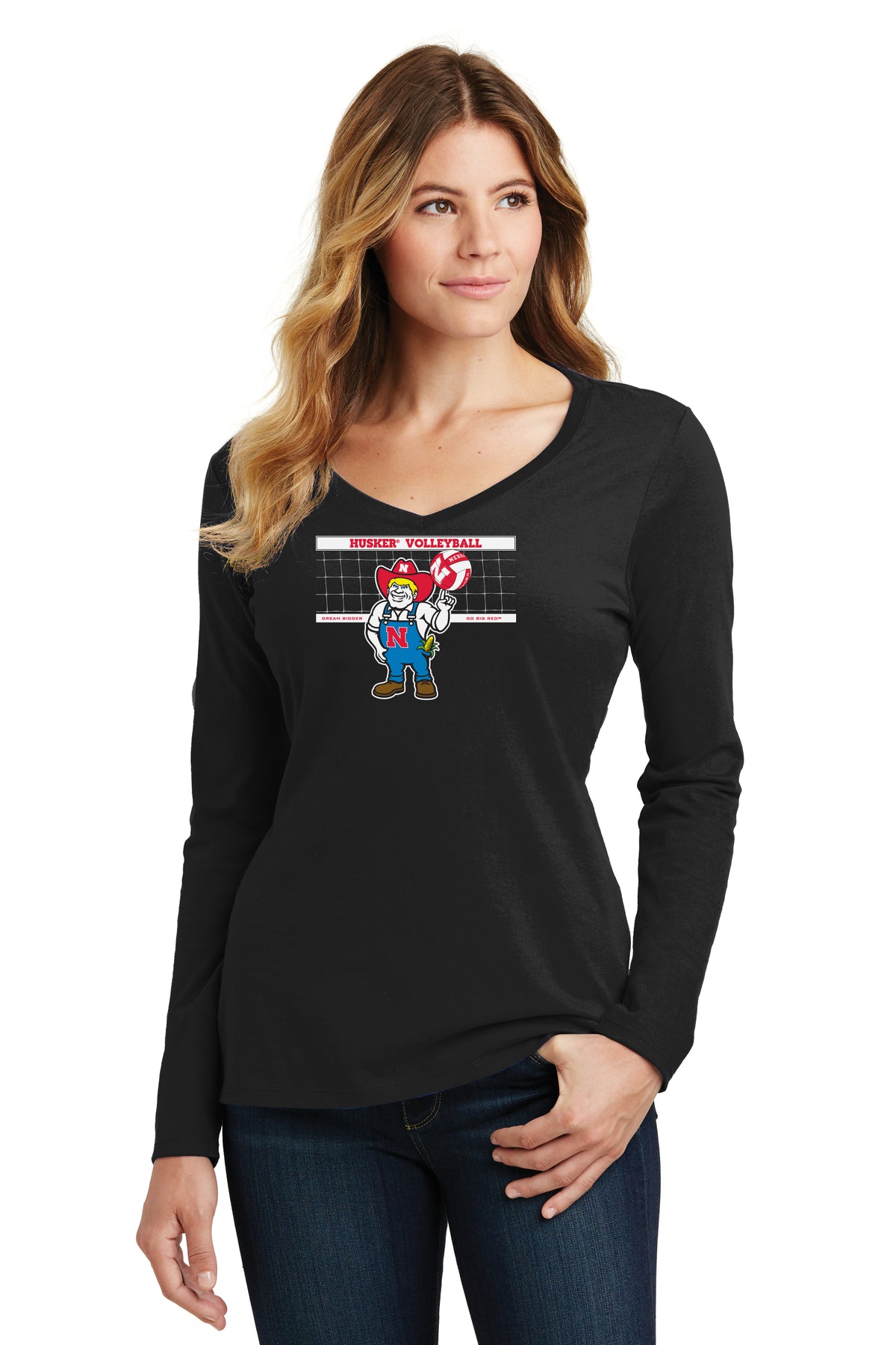 Women's Nebraska Huskers Long Sleeve V-Neck Tee Shirt - Nebraska Volleyball with Herbie Husker