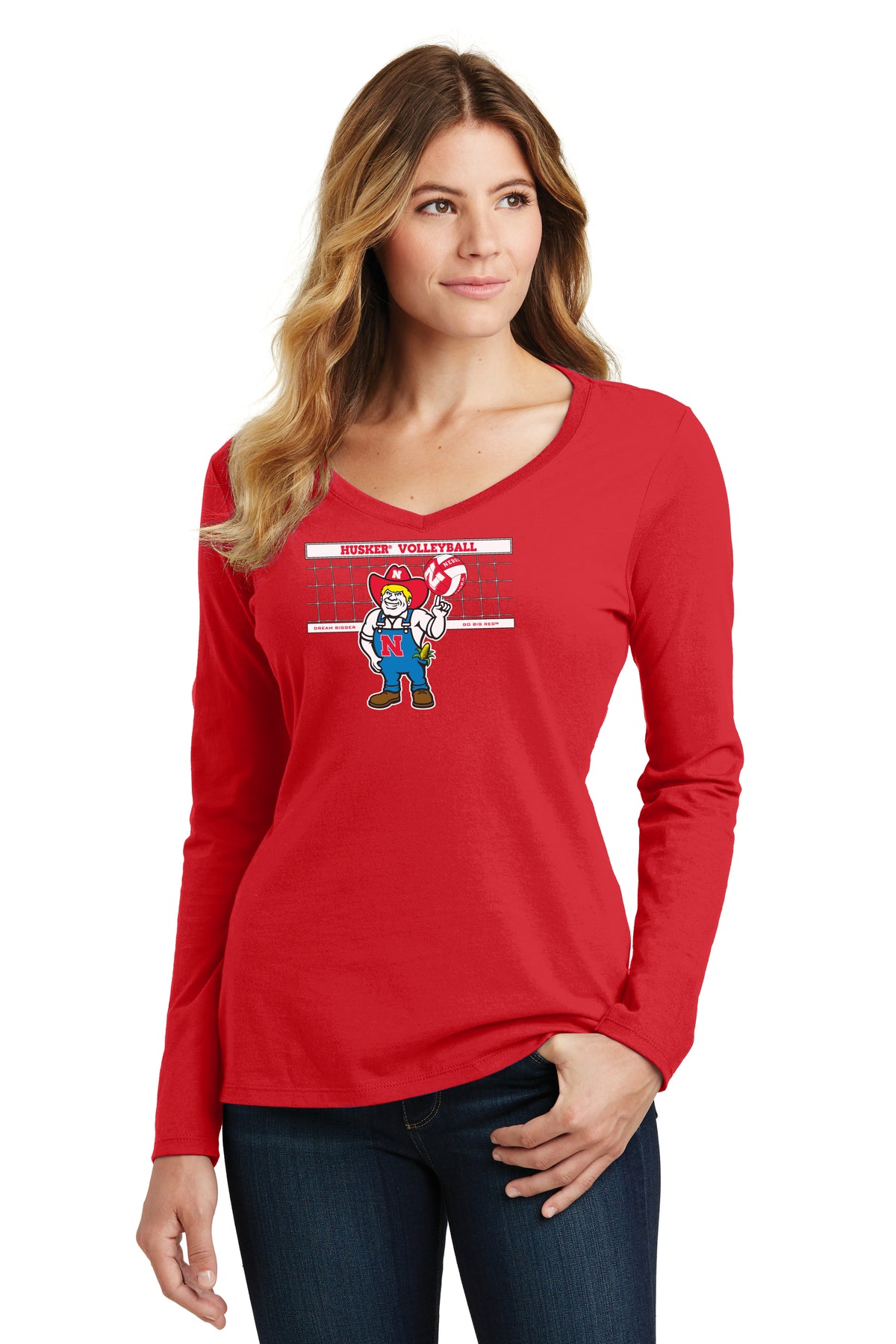 Women's Nebraska Huskers Long Sleeve V-Neck Tee Shirt - Nebraska Volleyball with Herbie Husker