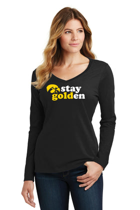 Women's Iowa Hawkeyes Long Sleeve V-Neck Tee Shirt - Hawkeyes Stay Golden