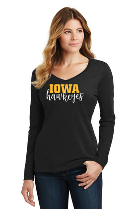 Women's Iowa Hawkeyes Long Sleeve V-Neck Tee Shirt - Iowa Script Hawkeyes