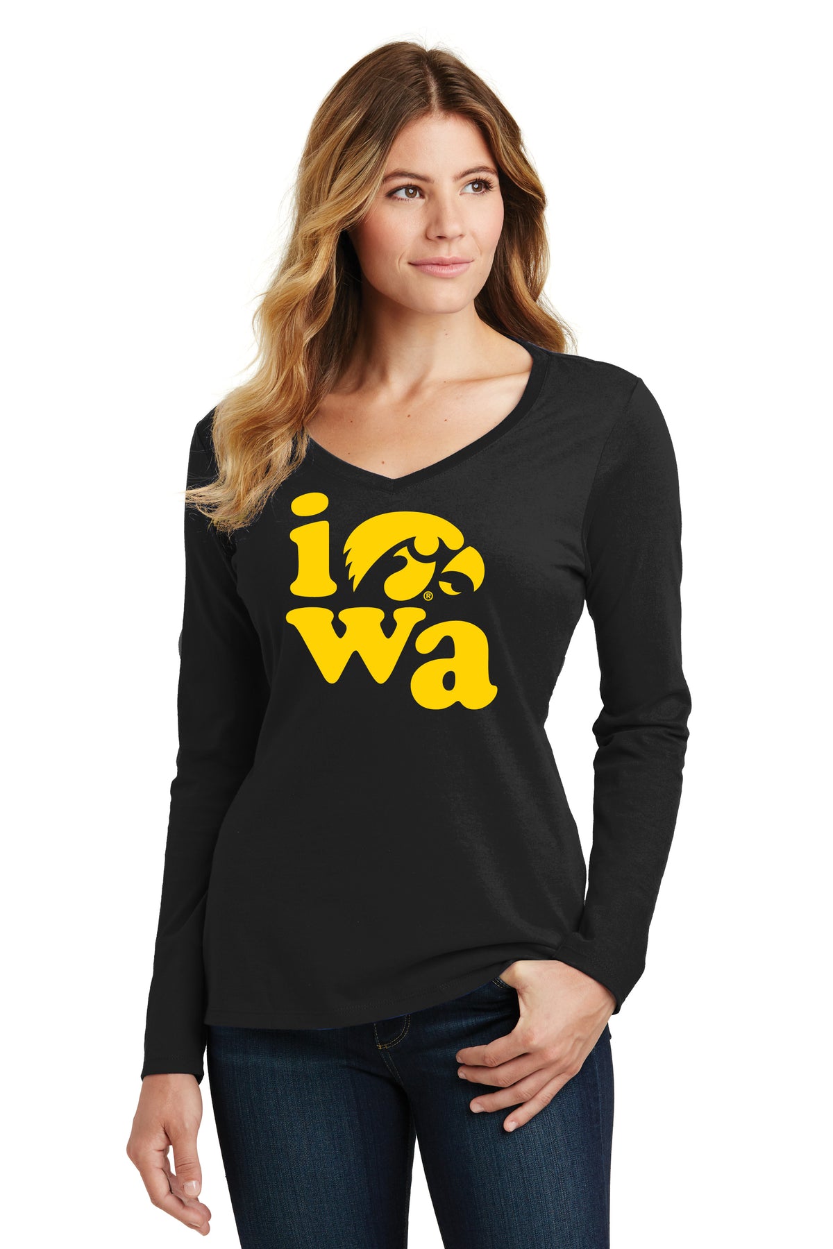 Women's Iowa Hawkeyes Long Sleeve V-Neck Tee Shirt - Iowa Stacked