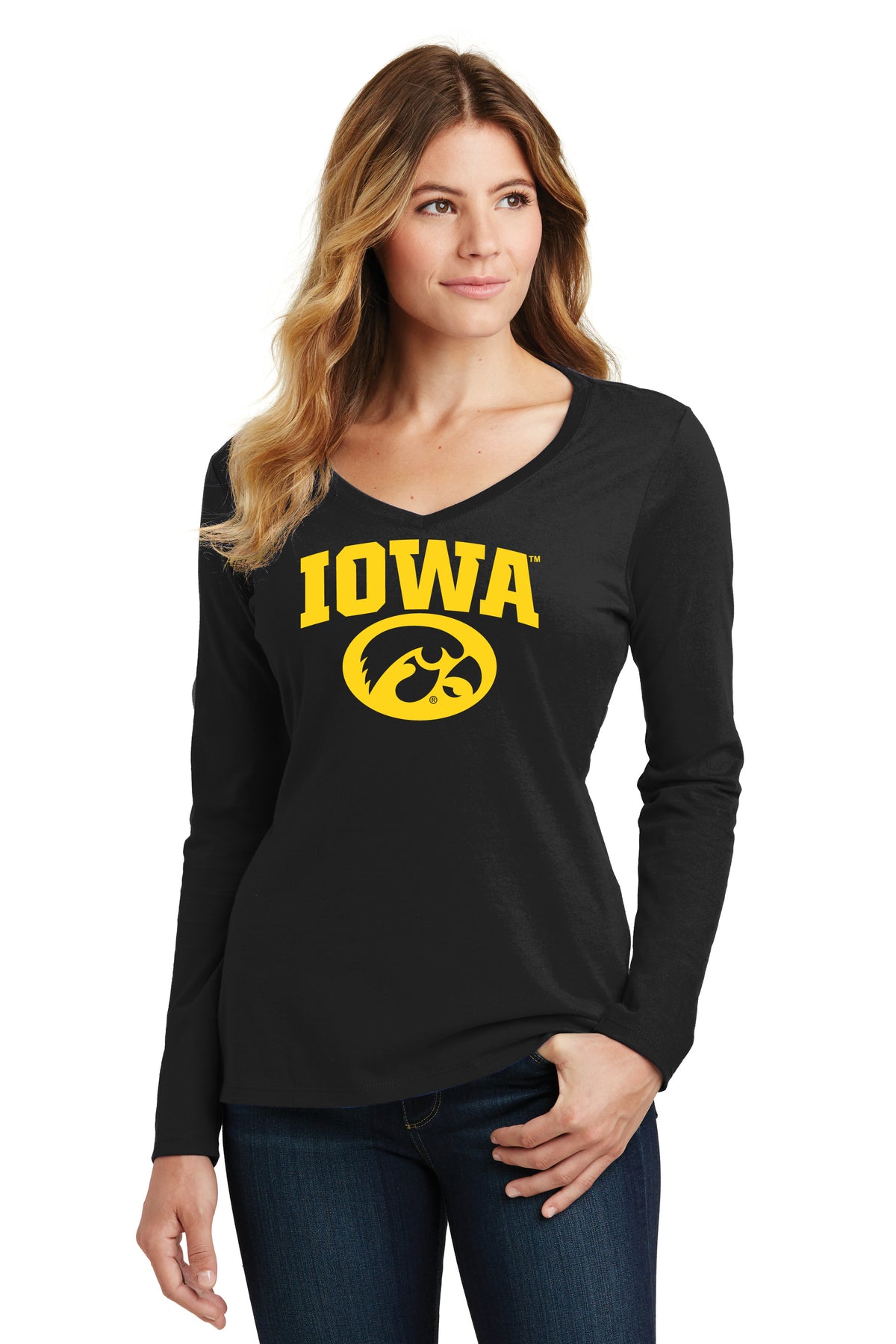 Women's Iowa Hawkeyes Long Sleeve V-Neck Tee Shirt - Arched Iowa with Tigerhawk Oval