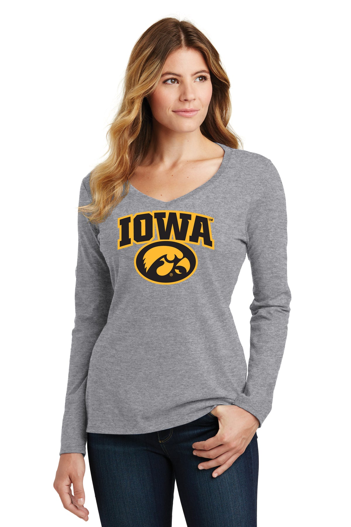 Women's Iowa Hawkeyes Long Sleeve V-Neck Tee Shirt - Iowa Oval Tigerhawk Logo