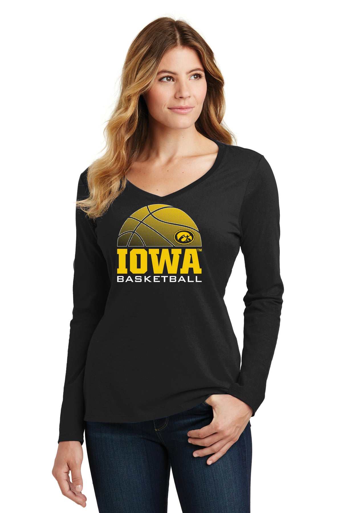 Women's Iowa Hawkeyes Long Sleeve V-Neck Tee Shirt - Iowa Basketball Oval Tigerhawk