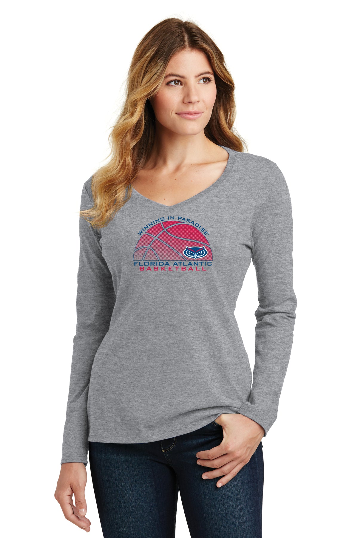 Women's Florida Atlantic Owls Long Sleeve V-Neck Tee Shirt - FAU Basketball